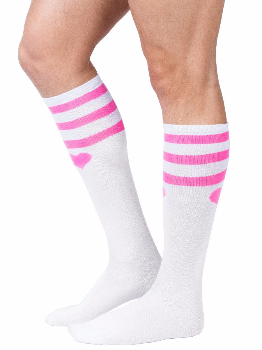 Men's white knee high heart socks