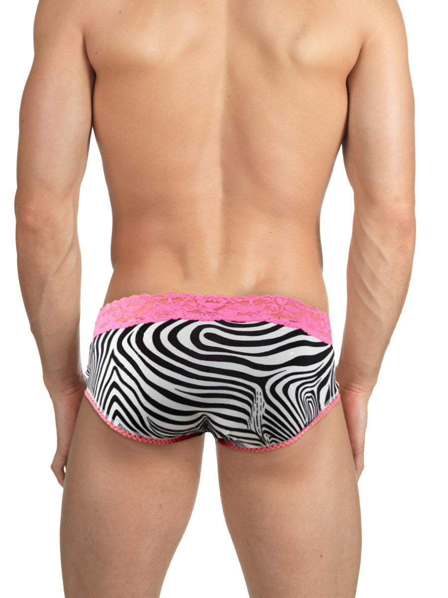 Men's zebra print and pink lace sissy brief panties