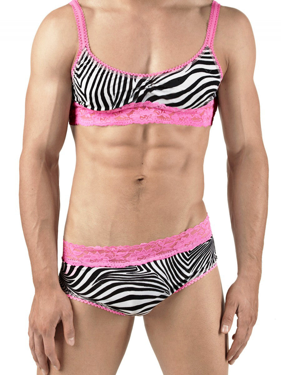 Men's zebra print and pink lace crossdressing sissy bra