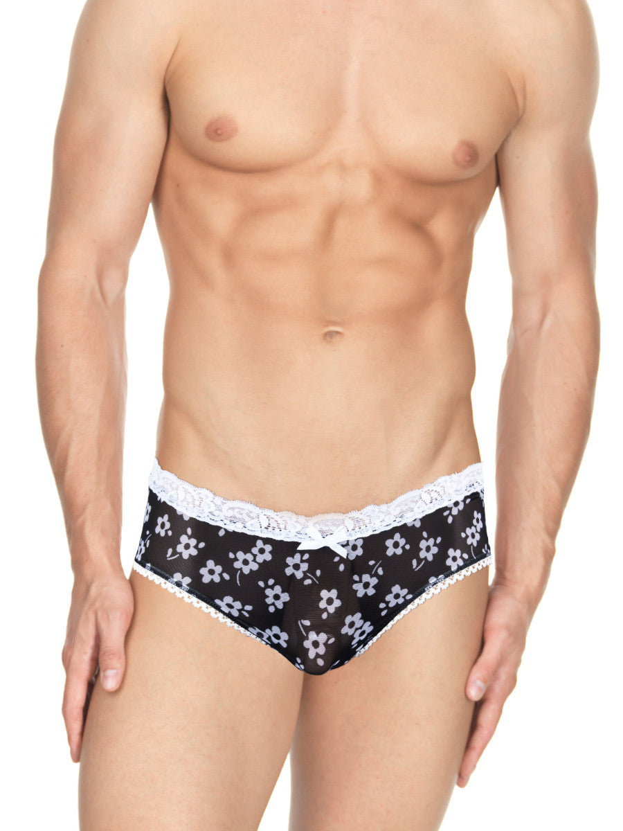 Men's black daisy flower pattern mesh see through lace brief panties