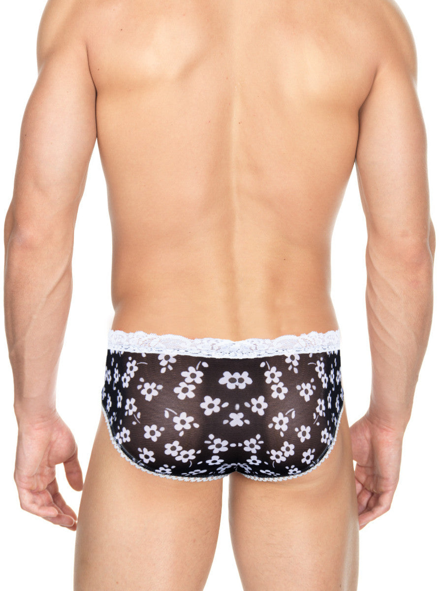 Men's black daisy flower pattern mesh see through lace brief panties