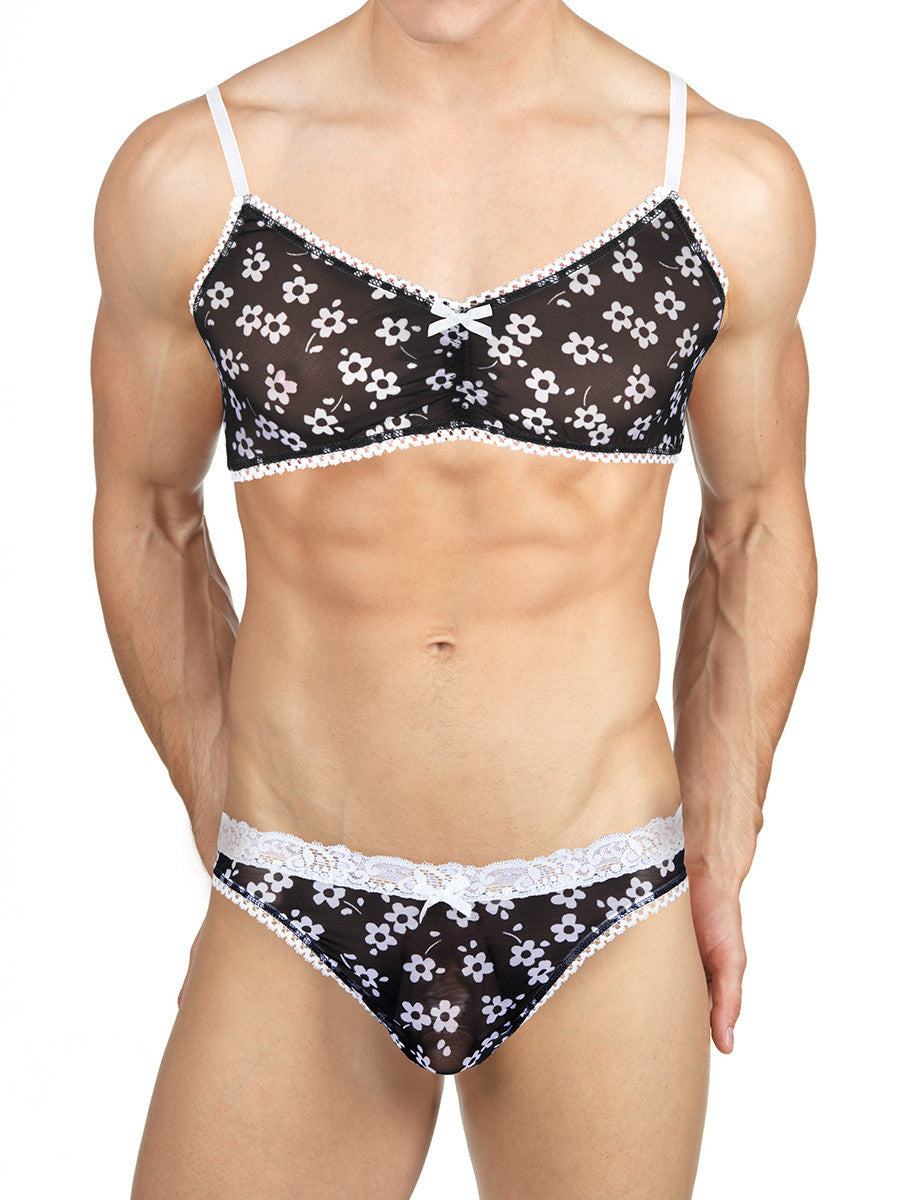 Men's black flower print see through mesh bra