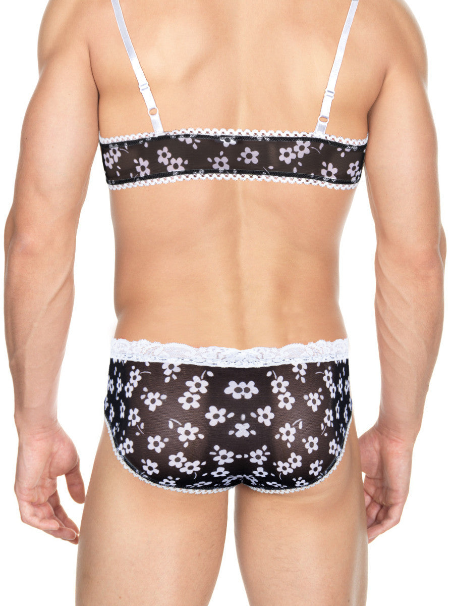 Men's black flower print see through mesh bra