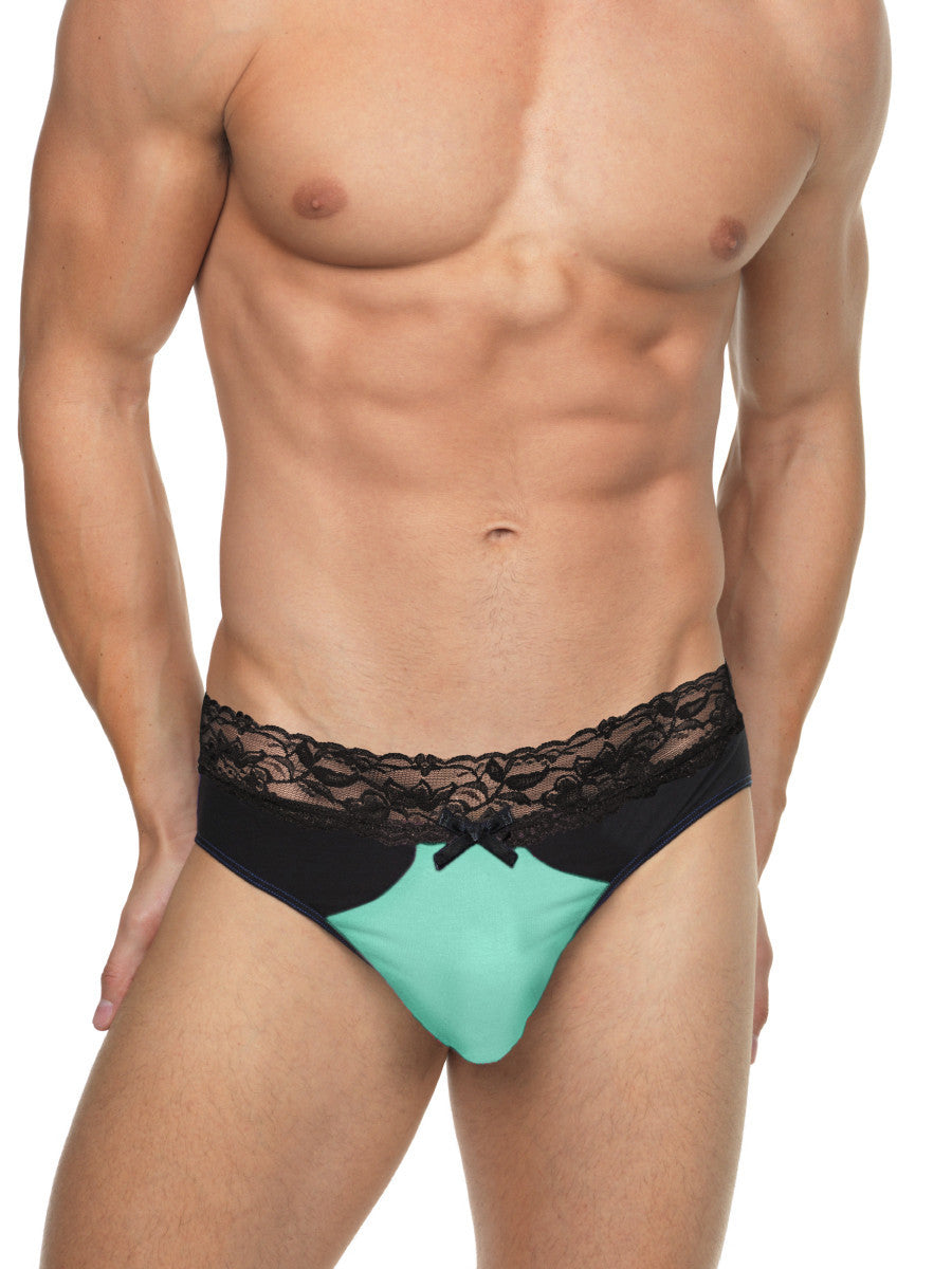 Men's aqua and black lace sissy panties with bow