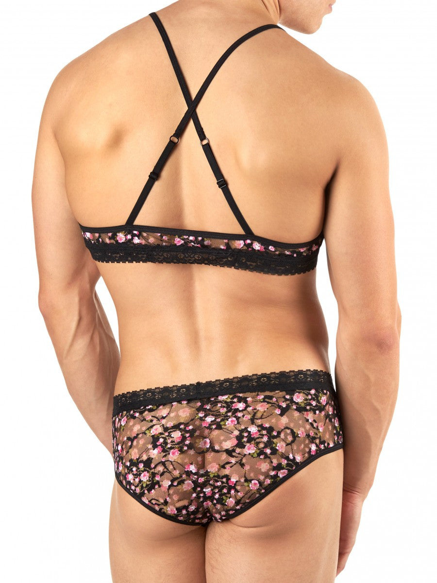 Men's black and pink floral lace see through bra