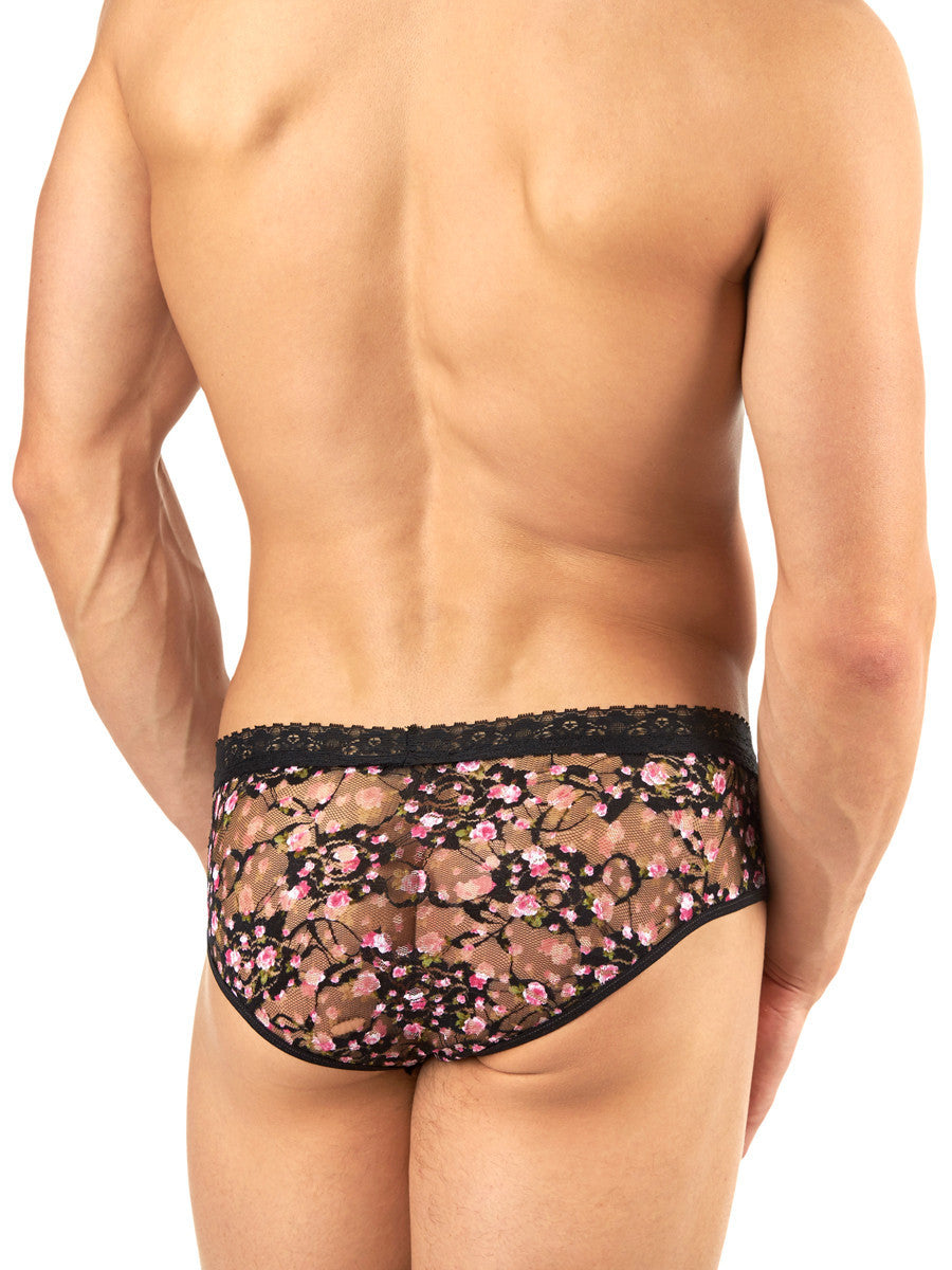 Men's black and pink floral lace see through brief panties