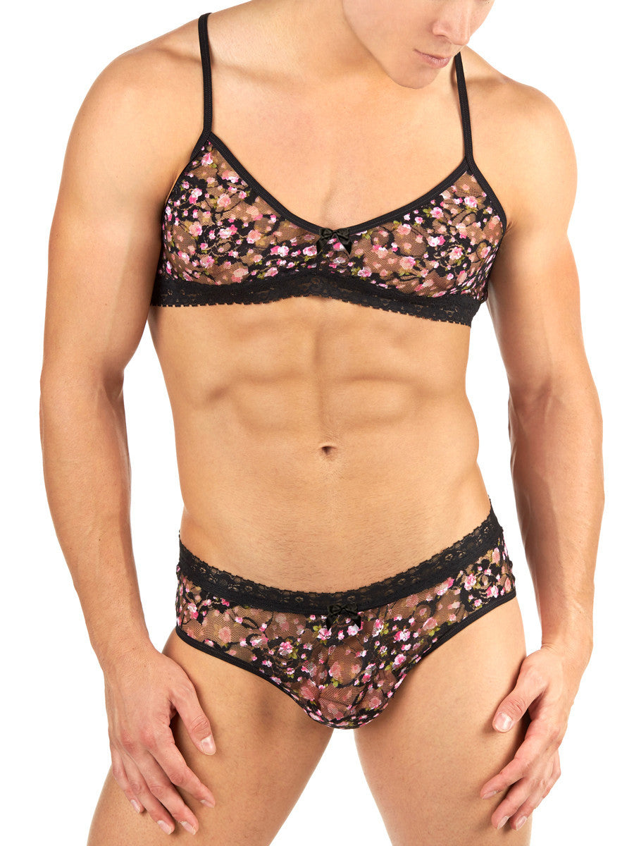 Men's black and pink floral lace see through bra
