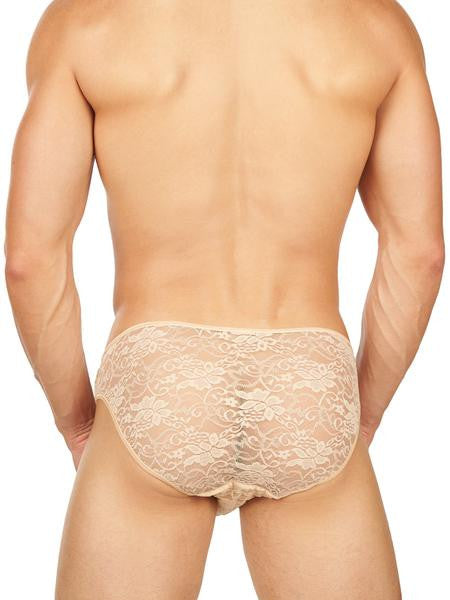 Men's nude satin and lace see through sissy brief panties