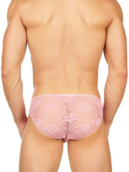 Men's pink satin and lace see through sissy brief panties