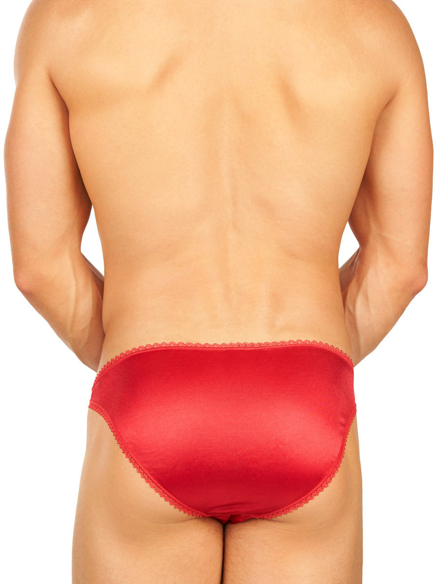 Men's red satin mini lace bikini cut sissy panties 