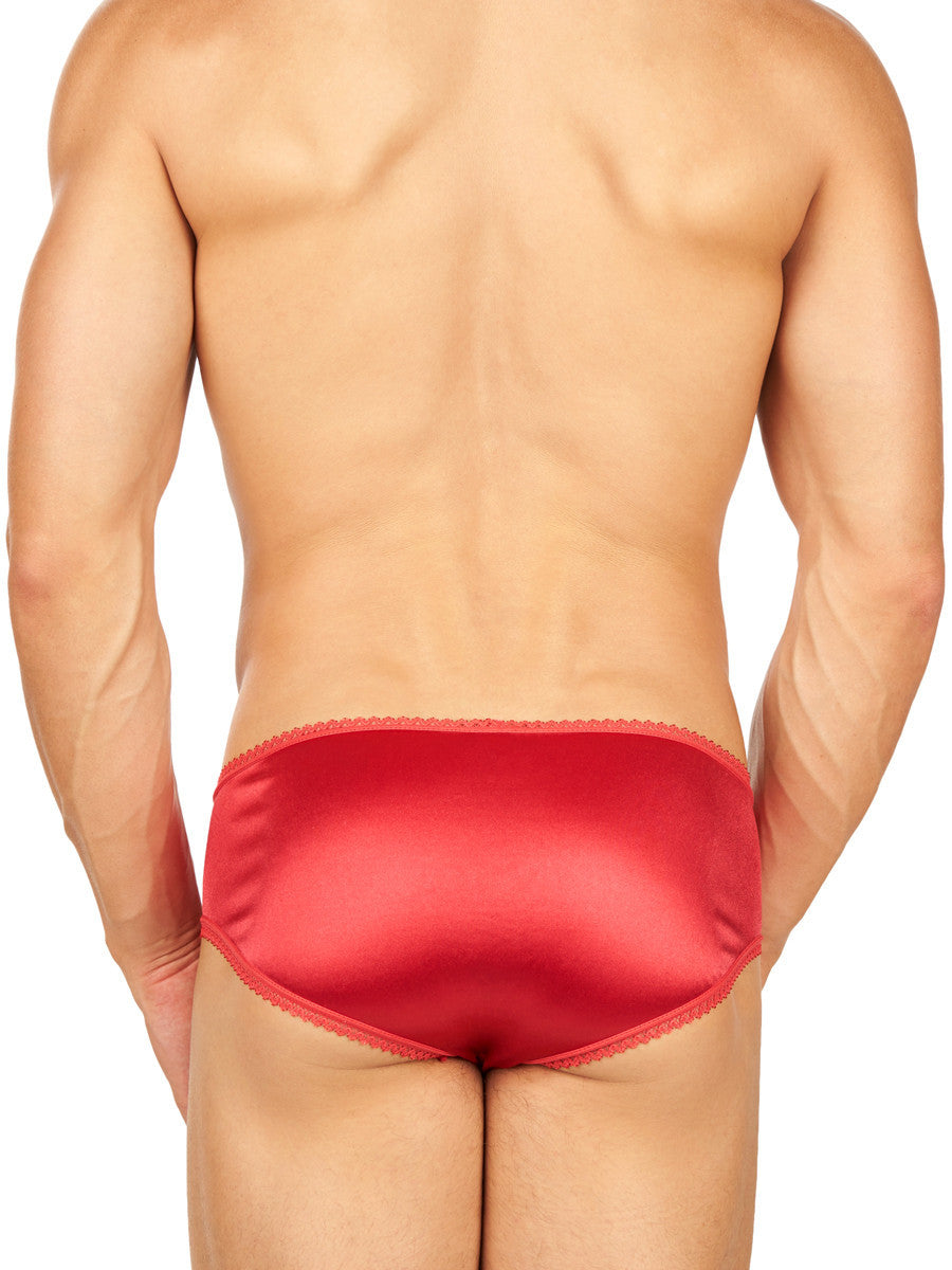Men's red shiny satin and lace sissy brief panties
