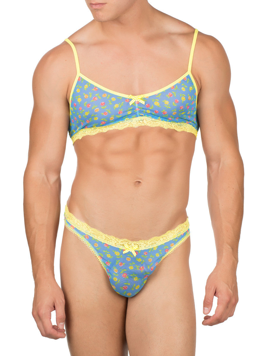 Men's blue and yellow floral patterned mesh see through lace bra