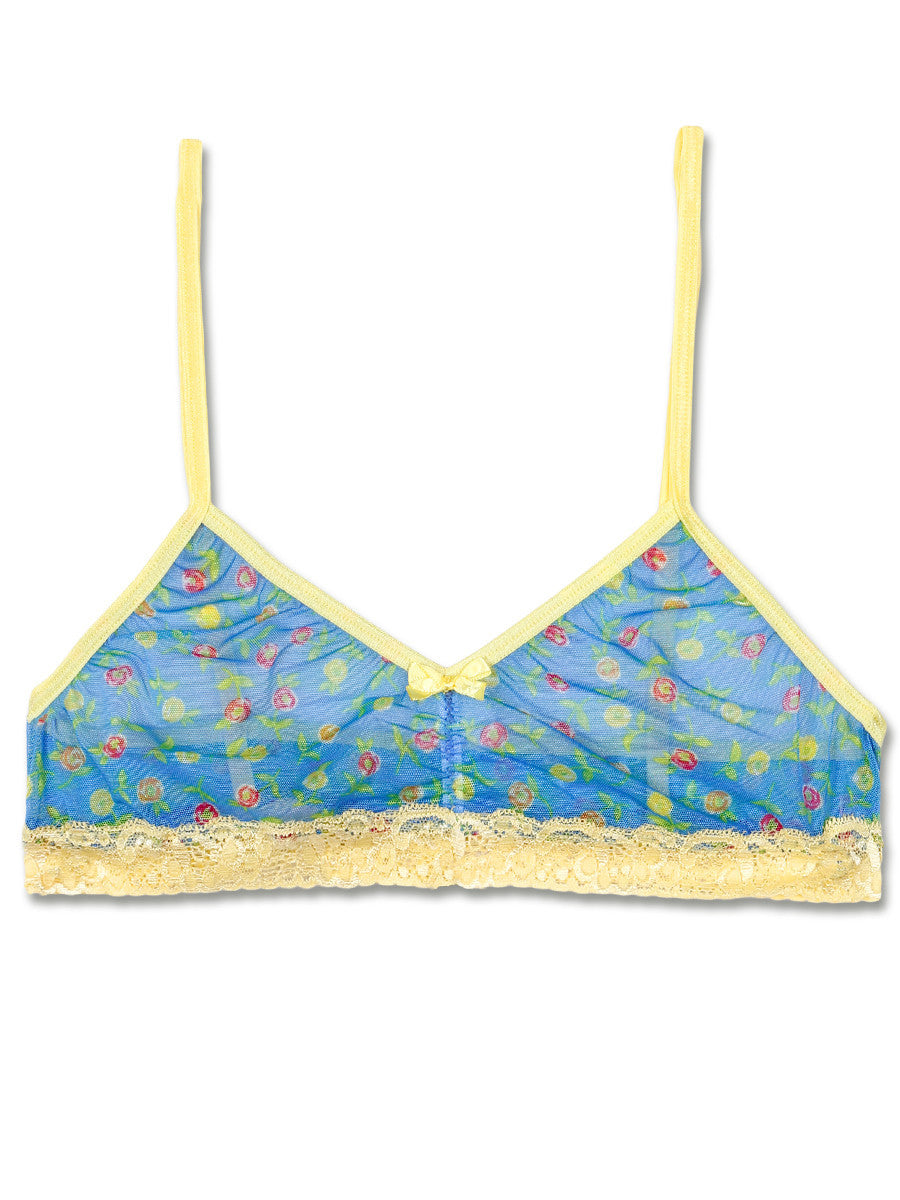 Women's blue and yellow floral patterned mesh see through lace bra