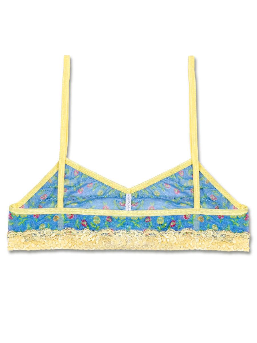 Women's blue and yellow floral patterned mesh see through lace bra