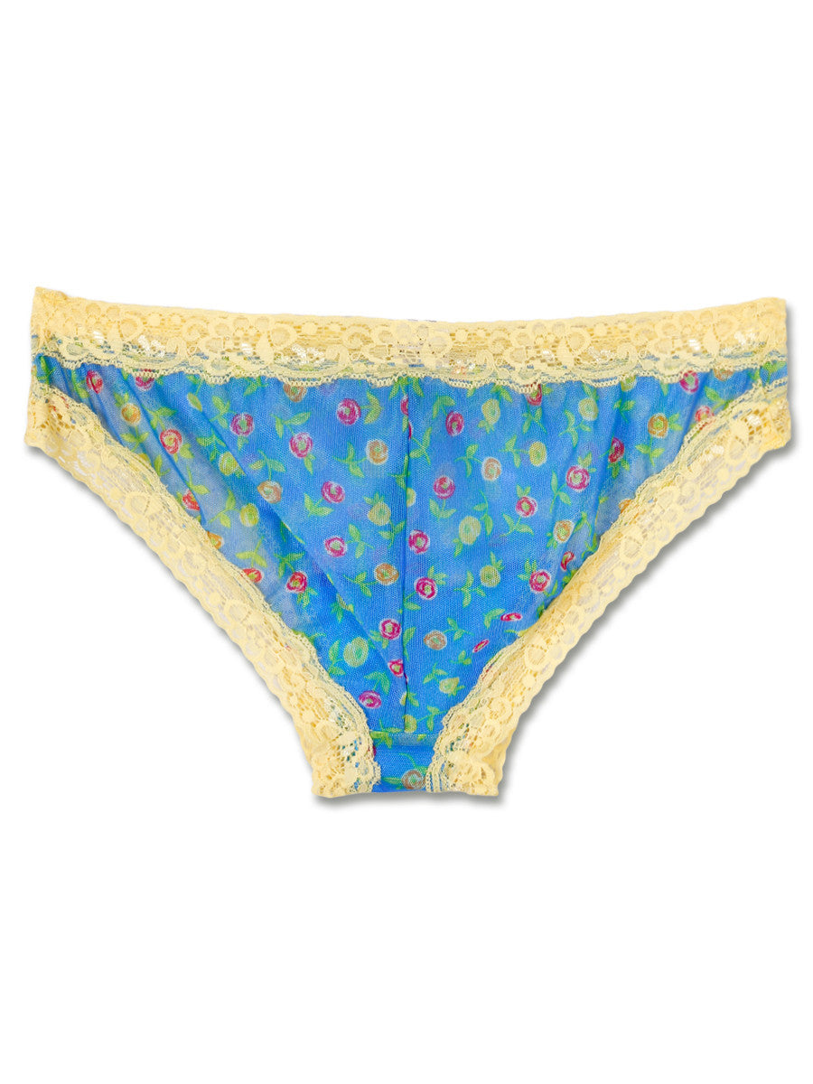 Women's blue and yellow floral patterned mesh see through panties