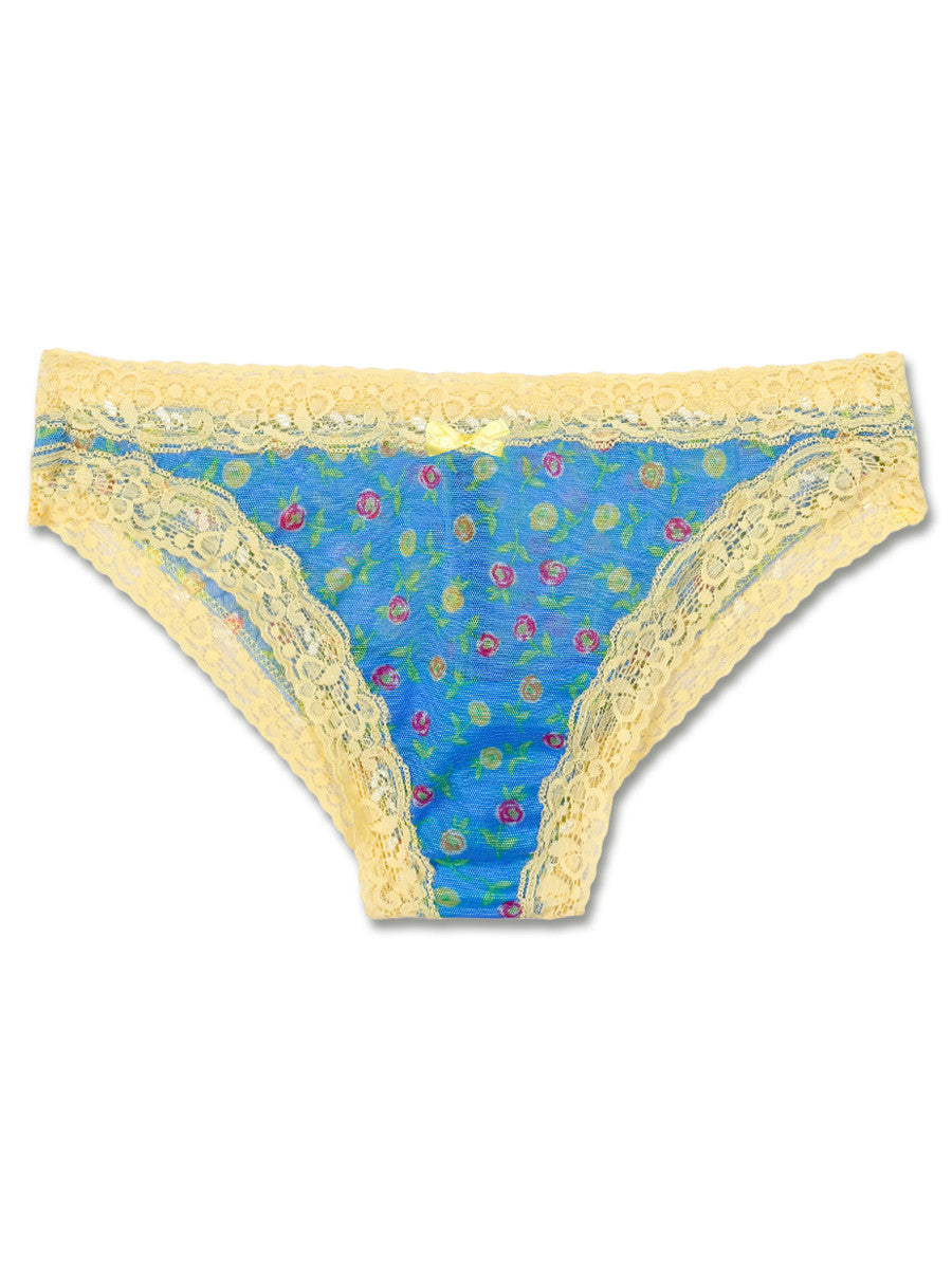 Women's blue and yellow floral patterned mesh see through panties