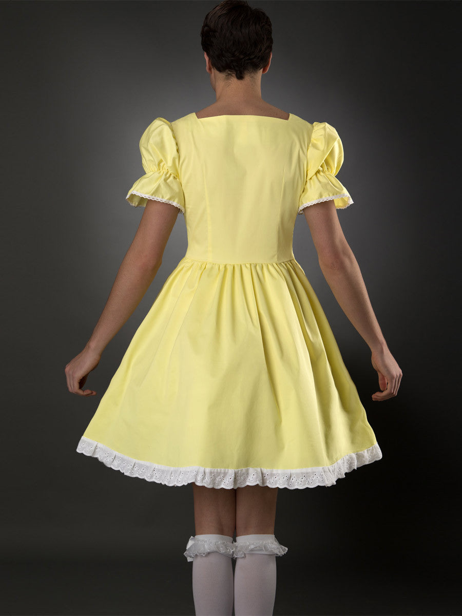 Men's yellow cross dressing teacup frilly dress