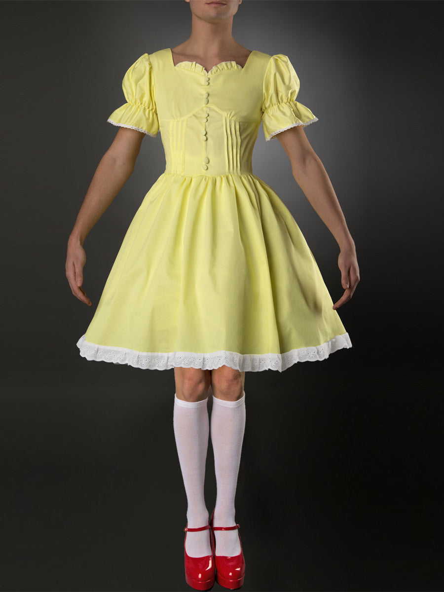 Men's yellow cross dressing teacup frilly dress