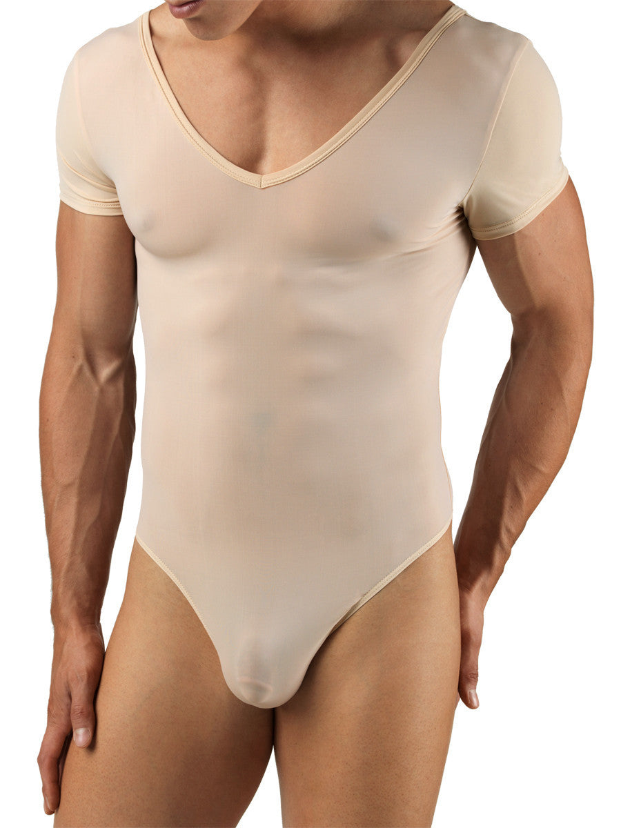 Men's nude v-neck sheer short sleeve ballet leotard body suit