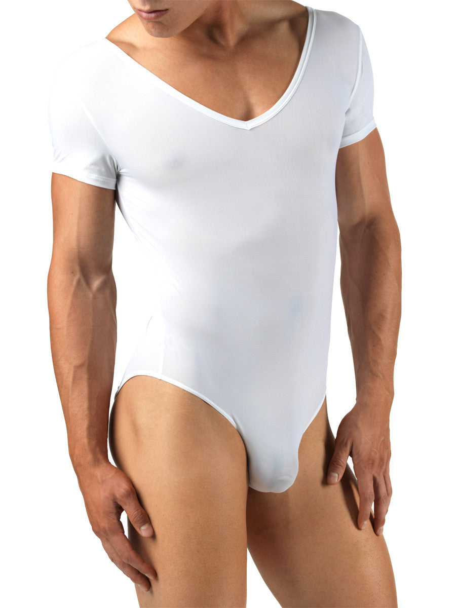 Men's white v-neck sheer short sleeve ballet leotard body suit