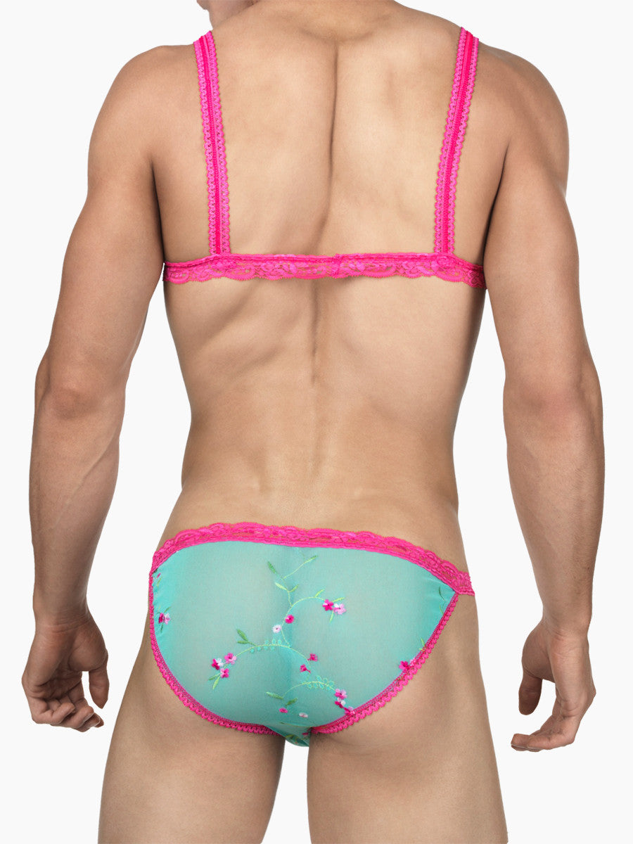 Men's blue and pink floral patterned lace mesh crossdressing bra