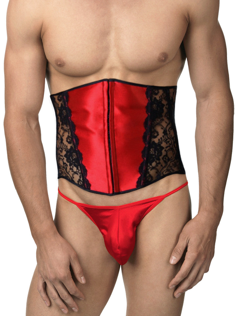 Men's red satin and lace cinch corset