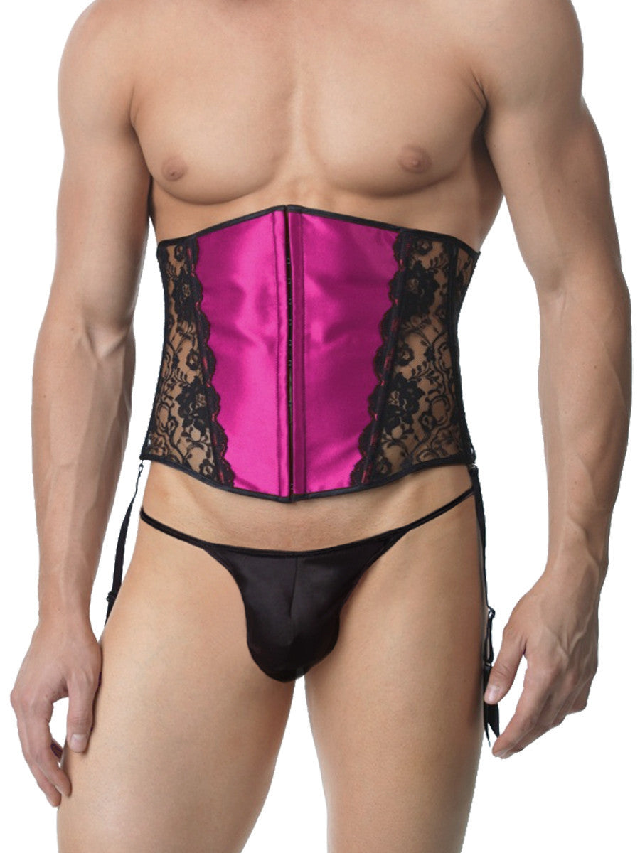 Men's pink satin and lace cinch corset