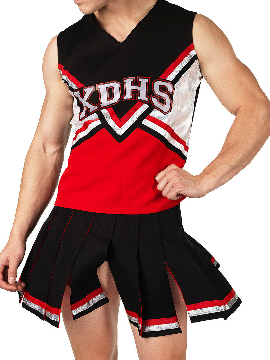 Men's red and black sissy cheerleader crossdressing costume