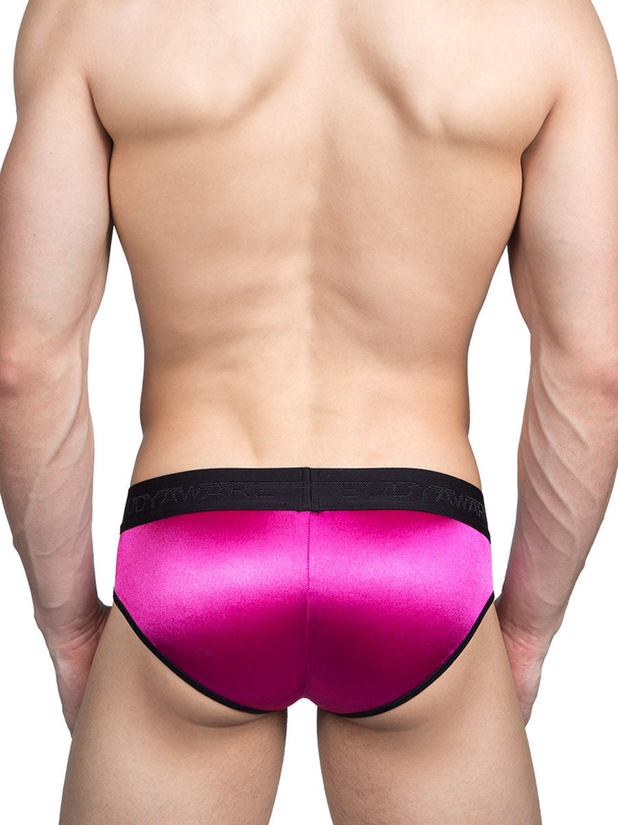 Men's pink satin brief with black waistband