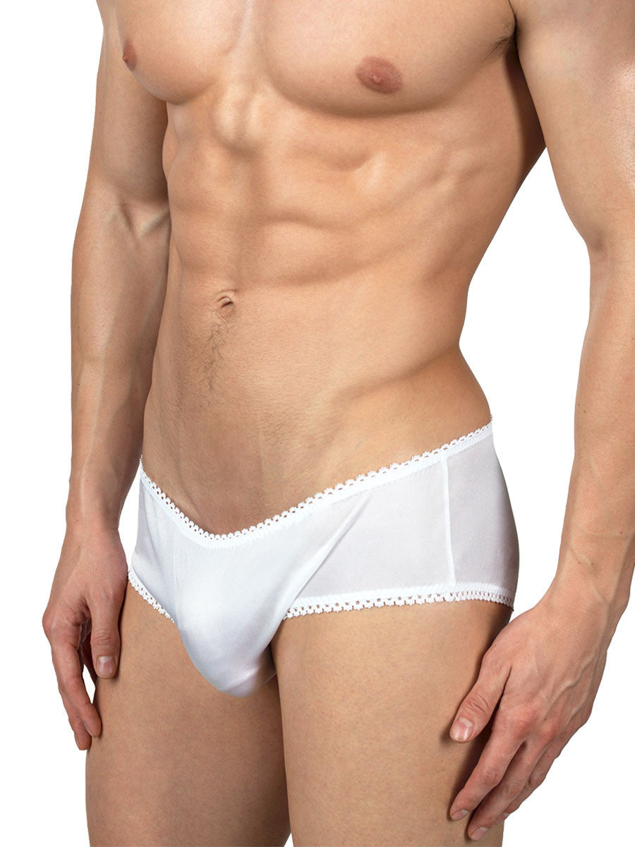 Men's white satin and lace high waisted brief sissy panties