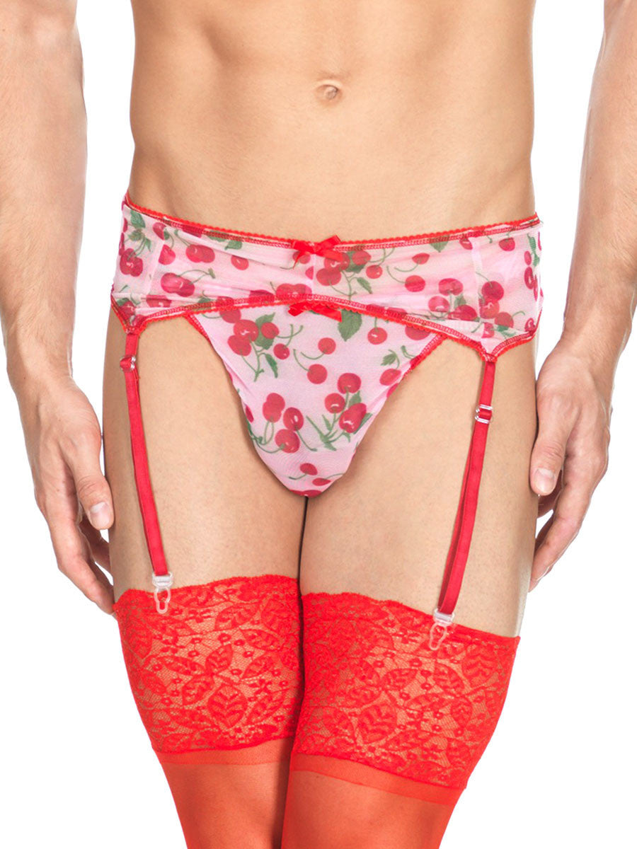 Men's pink and red crossdressing cherry pattern mesh garter belt