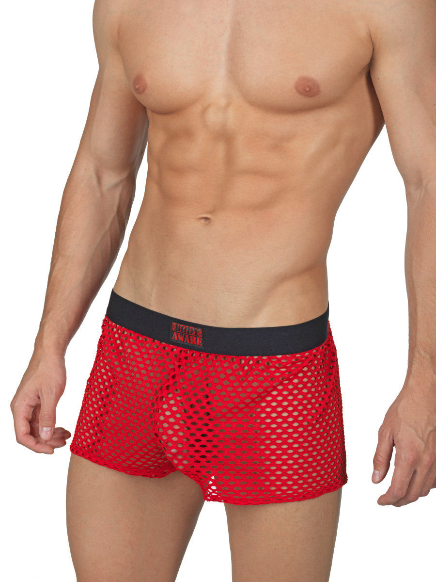 Men's red see through fishnet erotic boxers