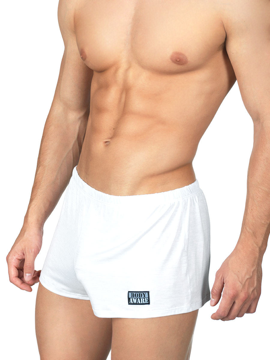 Men's white soft rayon short booty shorts