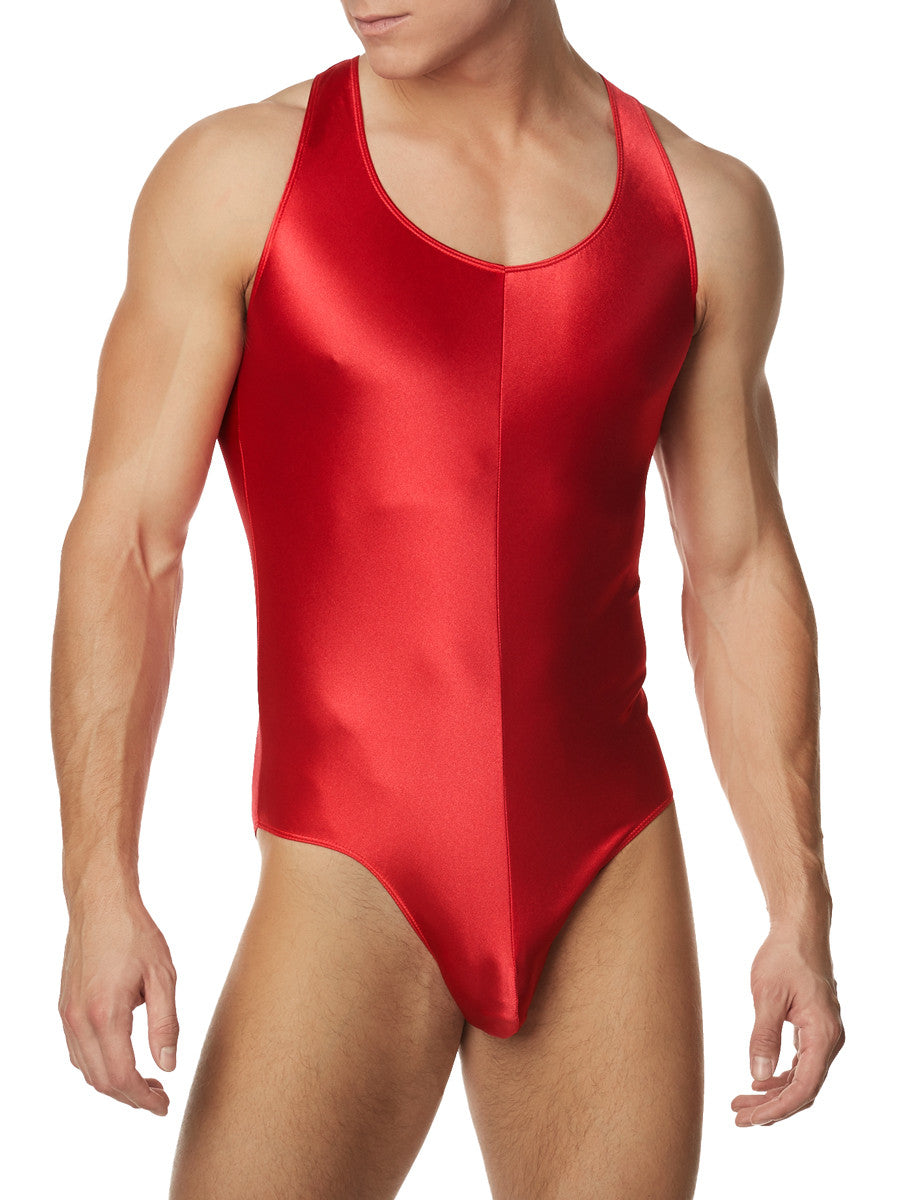 Men's red shiny satin bodysuit leotard