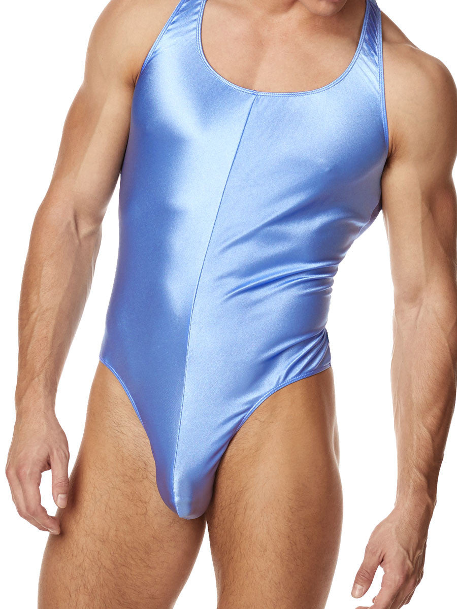 Men's blue smooth shiny satin thong back leotard bodysuit
