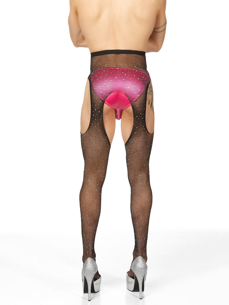 Men's black fishnet sparkly crotchless pantyhose