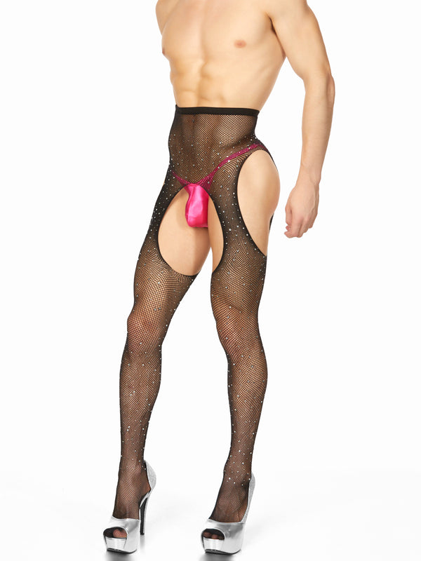 Men's black fishnet sparkly crotchless pantyhose