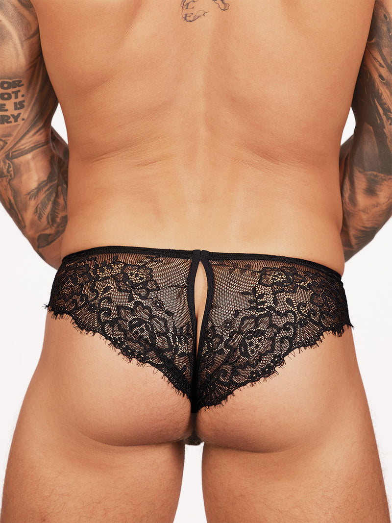 mens black backless lace brief - Body Aware