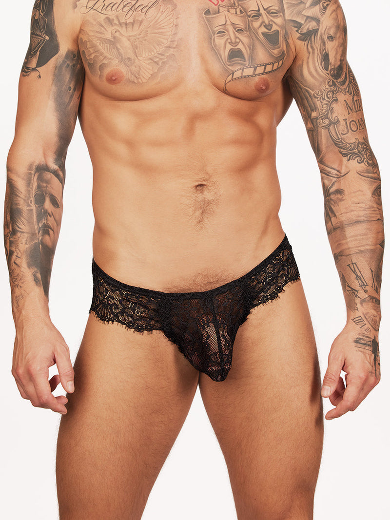 mens black backless lace brief - Body Aware