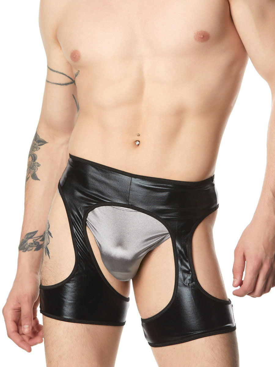 Unisex black wet look garter chaps