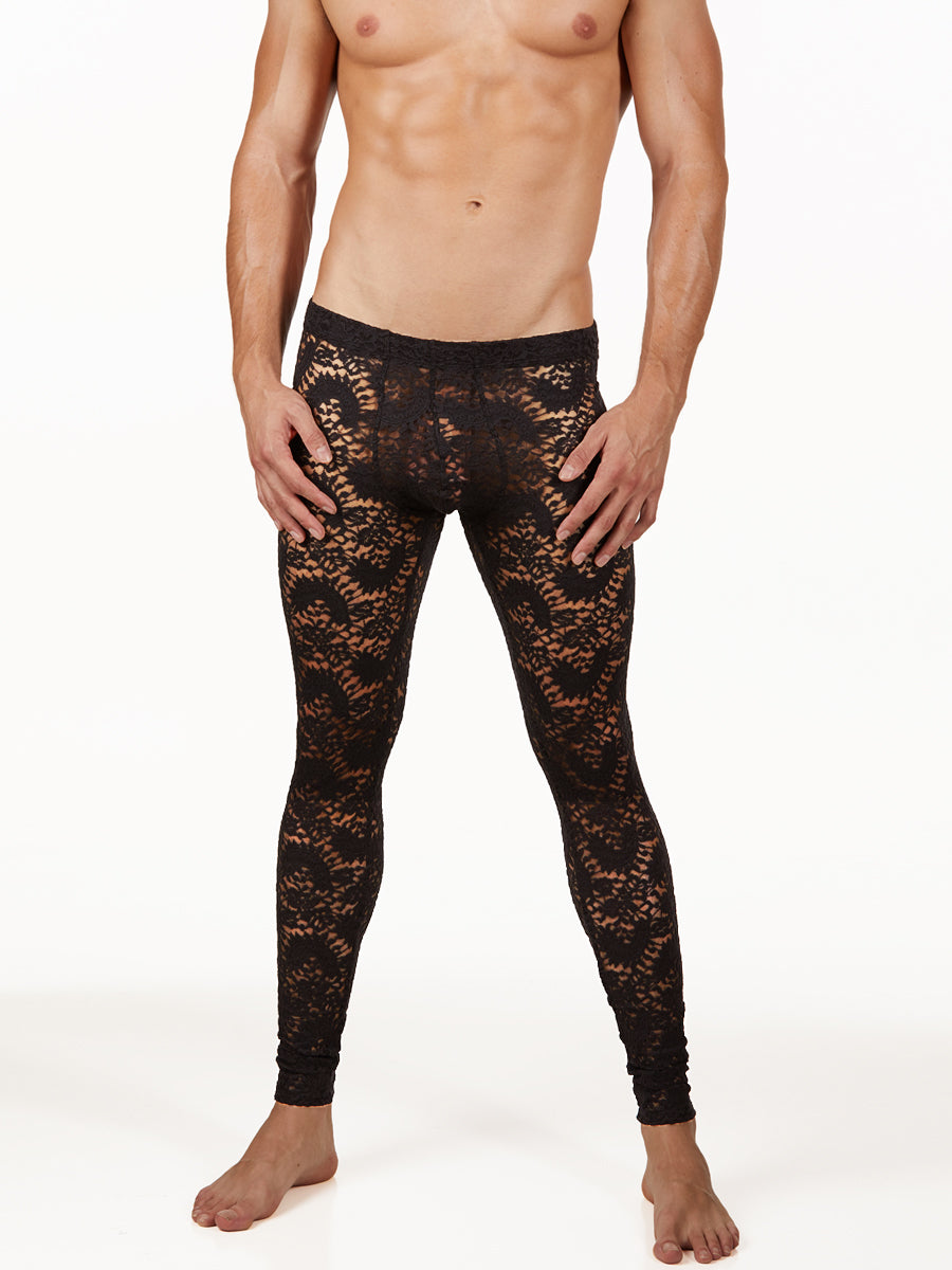 Men's black lace see through erotic stretch leggings