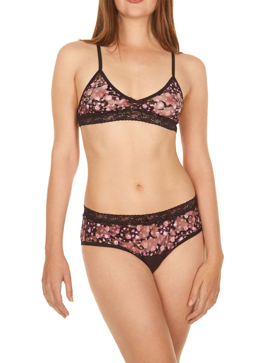 Women's black and pink floral lace see through brief panties