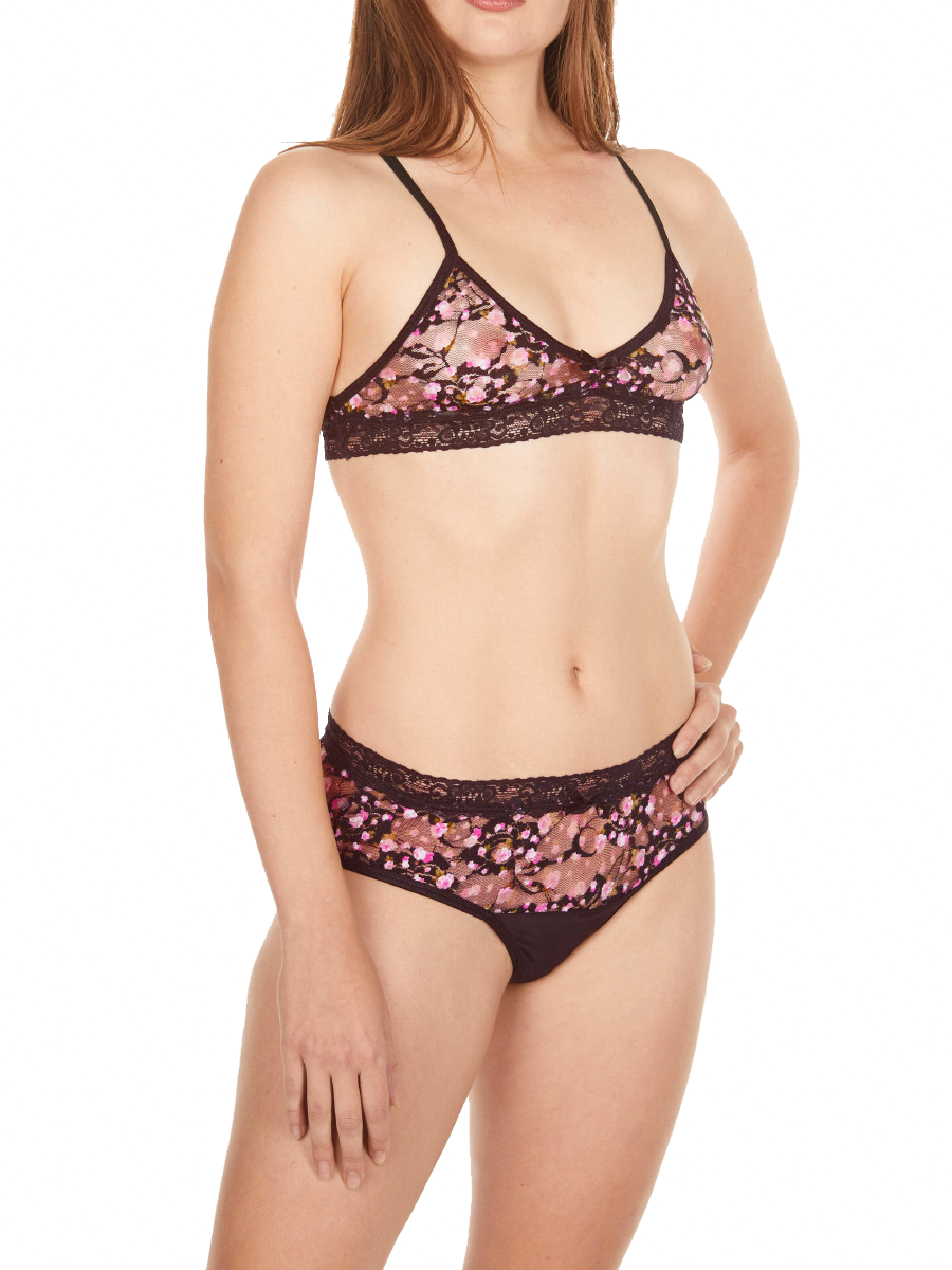 Women's black and pink floral lace see through brief panties