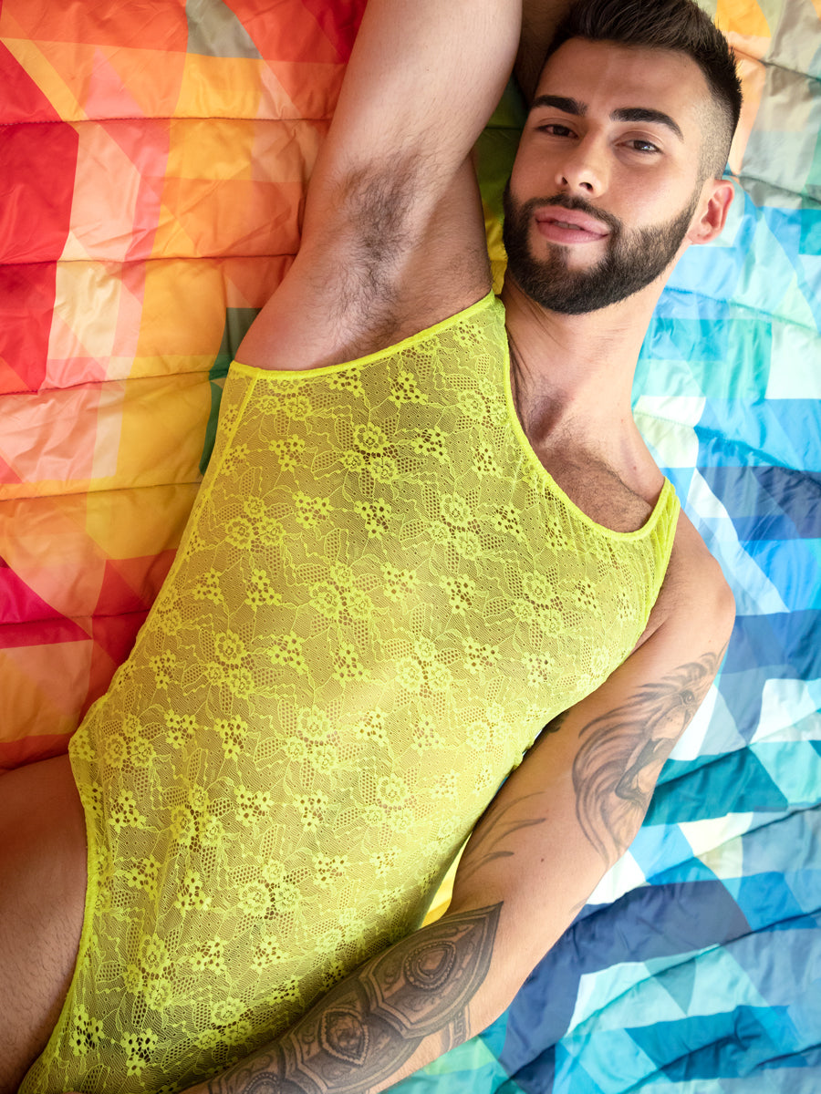 Men's neon yellow thong bodysuit