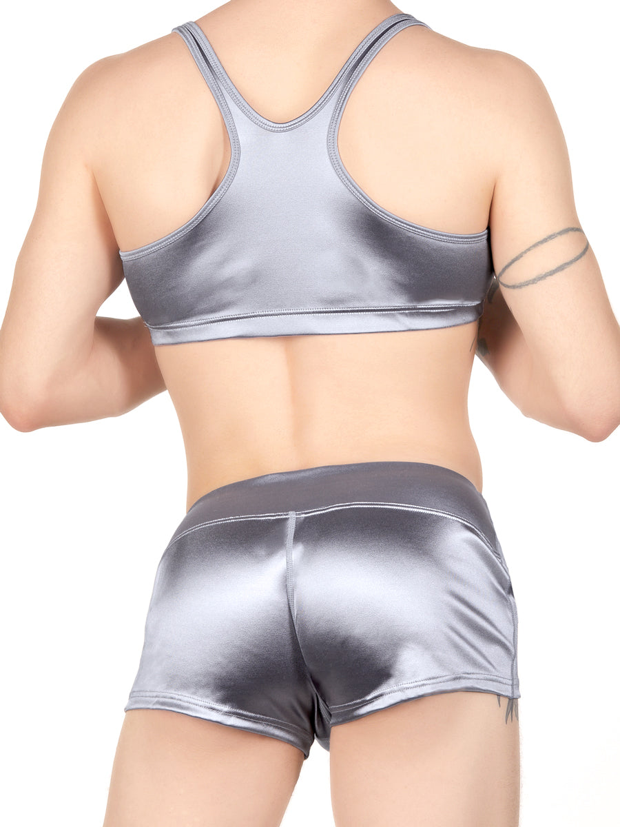 Men's silver satin yoga bra