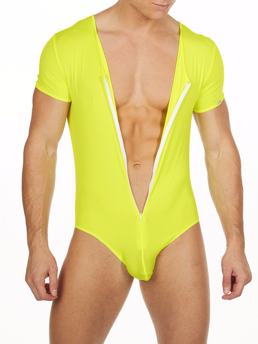 Men's neon yellow short sleeve soft and stretchy zipper leotard bodysuit