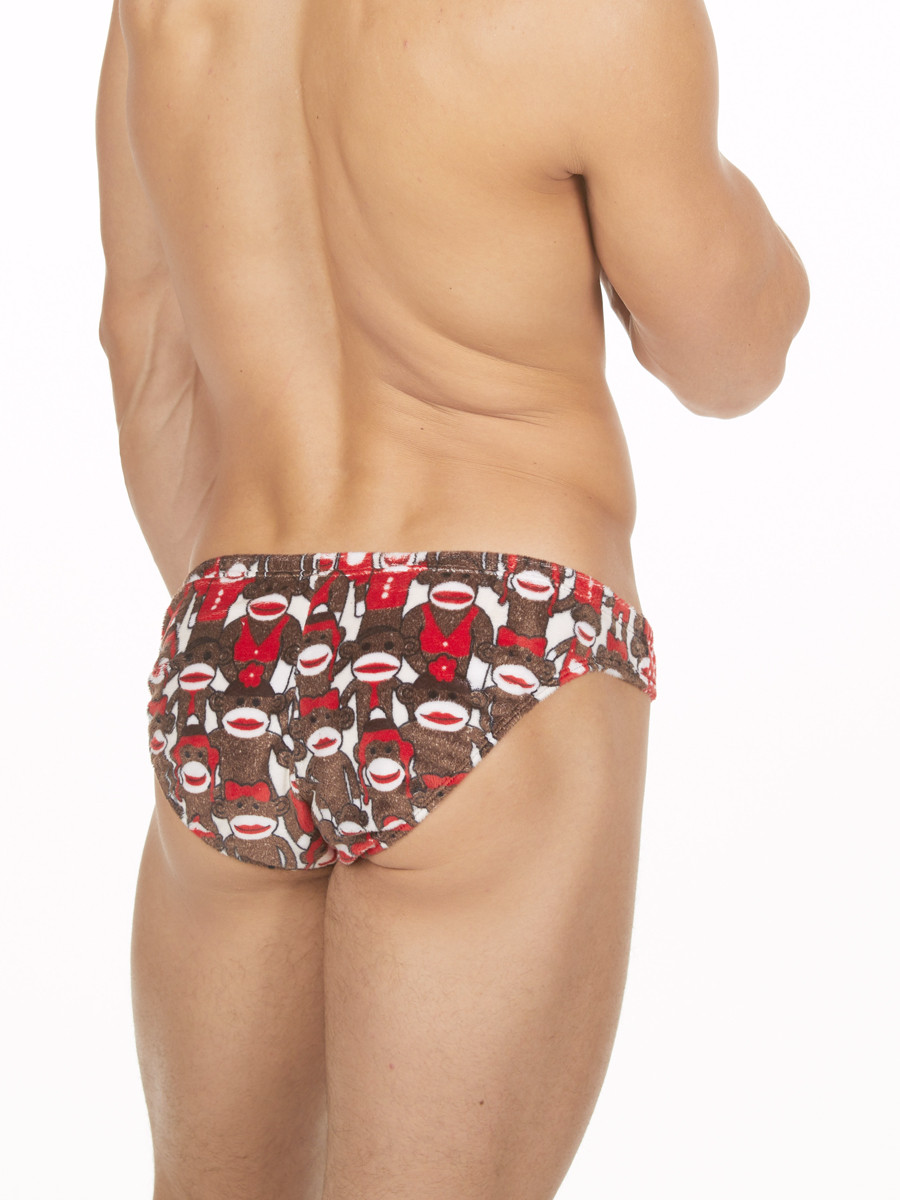 Men's sock monkey patterned fleece fuzzy bikini cut brief panties
