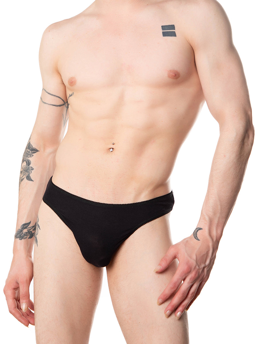 men's black ribbed picot thong - XDress