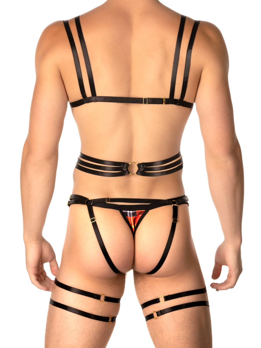 Unisex black strappy bra and garter set