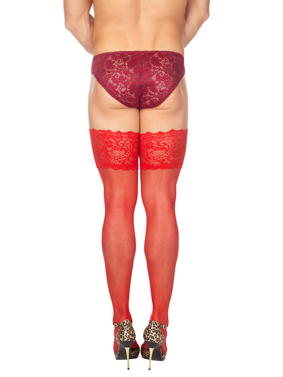 men's red lacy thigh high tights